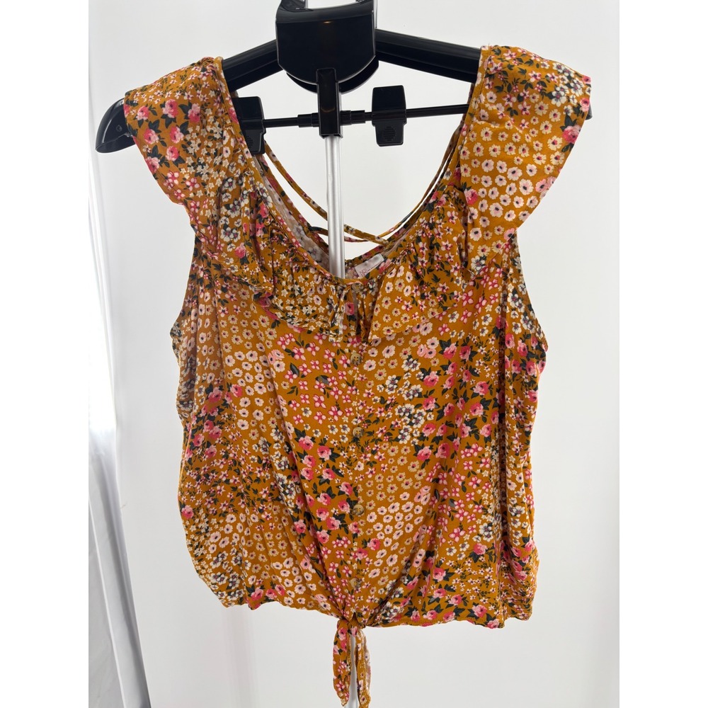 womens xl Mustard Floral Tie Front Blouse Sleeveless Ruffle Summer festival boho